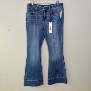 NWT Vigoss Marley Flare Jeans Womens 29 Mid Rise Raw Hem Blue Denim Boho Pintuck